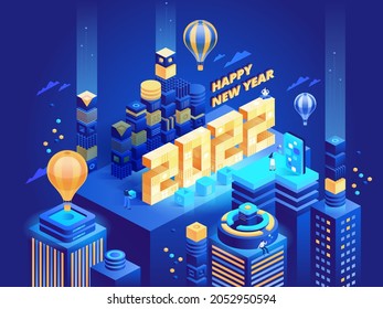 Happy New Year 2022 concept. Futuristic abstract city, huge numbers and text in isometric view. Business people working at downtown skyscrapers. Vector character illustration of invitation template