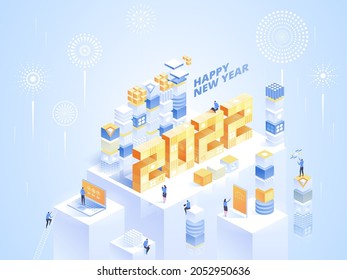 Happy New Year 2022 concept. Huge numbers standing stand on platform near with cubes in isometric view. Vector character illustration of corporate holiday celebration with fireworks in light design