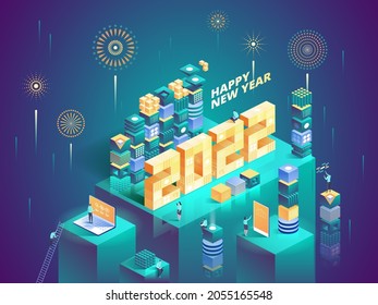 Happy New Year 2022 Concept. Huge Numbers Standing Stand On Platform, Abstract Cubes In Isometric View. Vector Character Illustration Of Business Holiday Celebration With Fireworks In Dark Neon Design