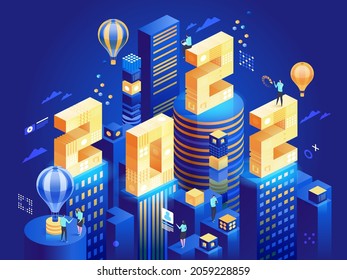 Happy New Year 2022 concept. Futuristic city, huge numbers standing at abstract buildings in isometric view, air balloons flying, business people working at downtown. Vector character illustration