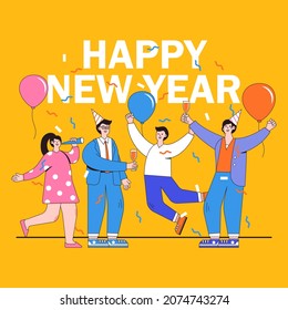 Happy New Year 2022 concept with group of people celebrating in flat design. Family party with champagne glasses, balloons, party hats. Vector illustration for background, greeting card.