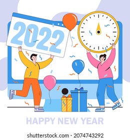 Happy New Year 2022 concept with group of people celebrating in flat design. Party with gift box, balloons and 2022 text. Vector illustration for background, greeting card, social media banner.