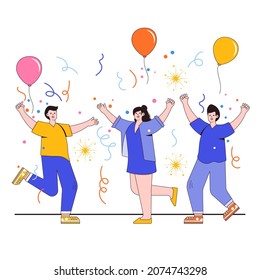 Happy New Year 2022 concept with group of people celebrating in flat design. Party dance with balloons. Vector illustration for background, greeting card, social media banner.