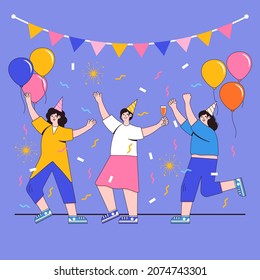 Happy New Year 2022 concept with group of woman celebrating in flat design. Party with champagne glasses, balloons, party hats. Vector illustration for background, greeting card, social media banner.