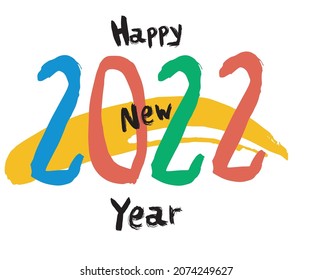 Happy New Year 2022. Happy New Year congratulations in black, blue, red, blue and yellow colors that mimic paint strokes. Vector illustration.