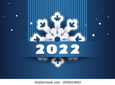 Feliz Año Nuevo 2022. Diseño creativo de números azul-blanco, nieve de invierno, copos de nieve, aislados. Fondo azul. Futurista, logo 2022. Elementos para calendario y tarjetas navideñas de felicitación, plantilla