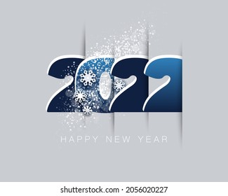 Happy New Year 2022. Creative design of blue-white numbers, winter snow, snowflakes, isolated text. Gray background. Futuristic, logo 2022. Elements for calendar and greeting Christmas cards, template
