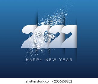 Happy New Year 2022. Creative design  paper cut, of white numbers, winter snow, snowflakes, isolated text. Blue background. Futuristic, logo 2022. Elements for calendar and greeting Christmas cards