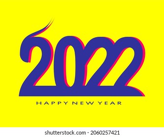 Happy new year 2022 with creative design isolated on yellow background. Typography of 2022 with blue, purple. Trendy vector for company, calendar, poster, card, brochure, cover, book. Colorful vector.