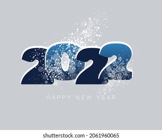 Happy New Year 2022. Creative design of blue-white numbers, winter snow, snowfall, isolated text. Gray background. Futuristic, logo 2021. Elements for calendar and greeting Christmas cards, template