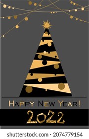 Happy New year 2022. Creative Christmas tree and number 2022 on a black background. Brochure text design template, Greeting card, banner, diary. Christmas tree with lights. Winter and snow. Vector
