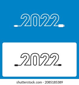 Schönes neues Jahr 2022 kreatives Textdesign mit USB-Kabel. 2022 aus kontinuierlichem Kabel hergestellt. Kreative Tech-Vektorgrafik von 2022.