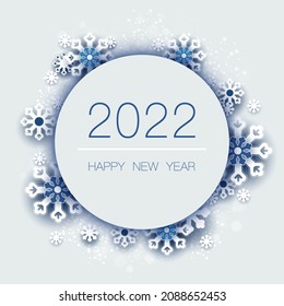 Happy New Year 2022. Creative design of blue numbers, winter snow, white snowflakes, isolated text. Blue background. Futuristic, logo 2022. Elements for calendar and greeting Christmas cards, template
