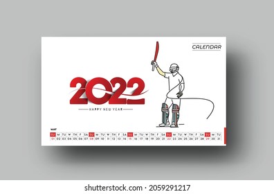 Happy new year 2022 Cricket Calendar - New Year Holiday design elements for holiday cards, calendar banner poster for decorations, Vector Illustration Background.