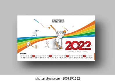 Happy new year 2022 Cricket Calendar - New Year Holiday design elements for holiday cards, calendar banner poster for decorations, Vector Illustration Background.