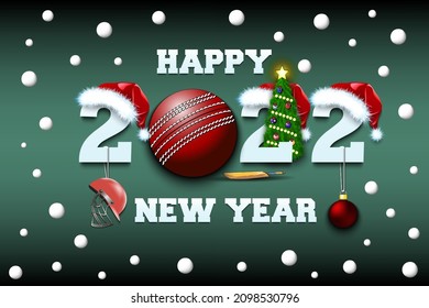 Happy new year. 2022 with cricket ball. Numbers in Christmas hats with helmet, bat and Christmas tree ball. Original template design for greeting card. Vector illustration on isolated background