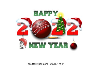 Happy new year. 2022 with cricket ball. Numbers in Christmas hats with helmet, bat and Christmas tree ball. Original template design for greeting card. Vector illustration on isolated background