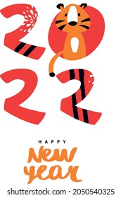 Happy New Year 2022.  Cute Tiger and  2022. Vector illustration. 