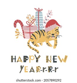 Happy New Year. 2022. Cute little tiger as a symbol of chinese holiday. Lettering. Greeting card. Illustration for kid. Flat scandinavian style. For calendar,Cards,Advertising