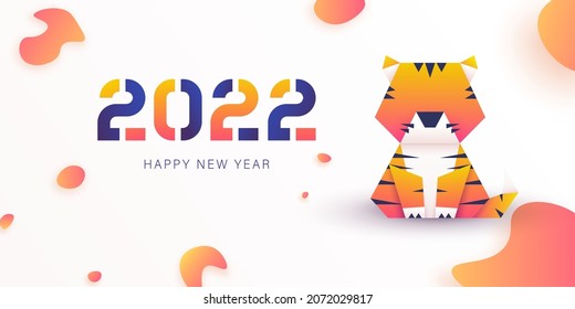 Happy New Year 2022. Cute tiger origami. Greeting card, invitation, poster, brochure, calendar template 2022. Vector illustration. EPS 10