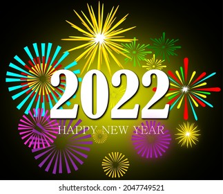 ้Vector of happy New Year 2022. Decorated with colorful fireworks at midnight. New Year 2022 on dark background.