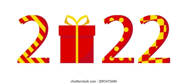 Happy New Year 2022. Decorated numbers and a gift on a white background