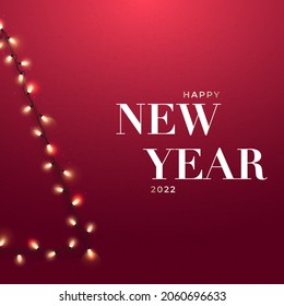 Happy New Year 2022. Decorative Christmas tree made of garlands on dark red background. New Year cover, poster, instapost etc.
