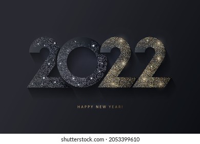 Happy New Year 2022 design with glittering black and gold numbers isolated on black background. Vector festive illustration. Holiday Xmas decoration. Trendy modern christmas banner, poster, card