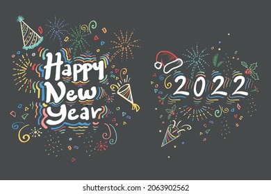 Happy new Year 2022 Design Hand Drawn Doodle Style New Year and Christmas Colorful Decorations. Vector Greeting Card Template Black Friday Sale Advertising Colorful Neon Holiday Attractive Texture