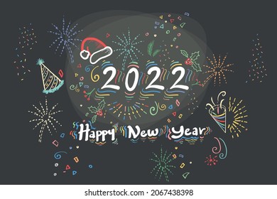 Happy new Year 2022 Design Hand Drawn Doodle Style New Year and Christmas Colorful Decorations. Vector Greeting Card Template Black Friday Sale Advertising Colorful Neon Holiday Attractive Texture
