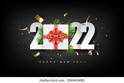 Happy New Year 2022 design with gift box. Holyday decorative elements on dark background. Vector illustration.