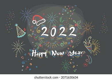 Happy new Year 2022 Design Hand Drawn Doodle Style New Year and Christmas Colorful Decorations. Vector Greeting Card Template Black Friday Sale Advertising Colorful Neon Holiday Attractive Texture