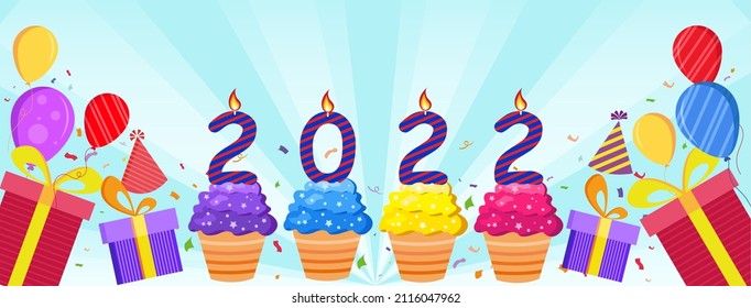 Happy new year 2022. Design card with decoration balloons and gift boxes, Vector illustration.
