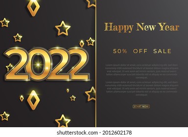 Happy new year 2022! Elegant gold text with stars and light. Minimalistic template.