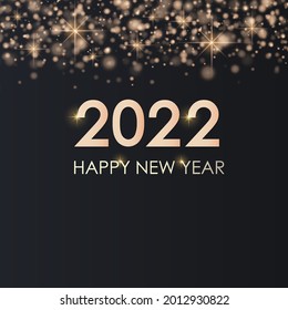 Happy new year 2022! Elegant gold backlit text. Minimalistic text. Gold dust. Greeting card, banner, poster. Illustration vector. A spark shines on a black background.