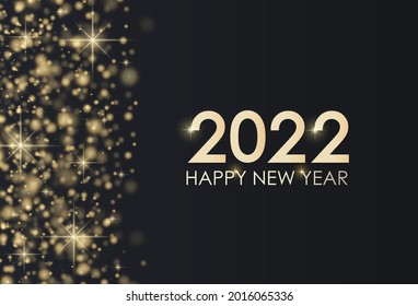 Happy new year 2022! Elegant gold backlit text. Minimalistic text. Gold dust. Greeting card, banner, poster. Illustration vector. A spark shines on a black background.