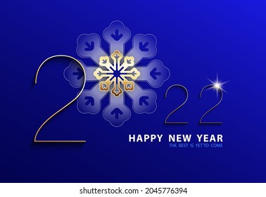 Happy New Year 2022. Elegant design gold numbers and snowflake, isolated white text. Blue background. Stars shiny. Futuristic Design 2021 New Logo. Elements for calendar and greeting card, poster