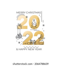 Happy New Year 2022 elegant banner or greeting card template. Golden text with holidays icon isolated on white background. Christmas tree, snowflakes, christmas balls, snowman icon.Vector illustration