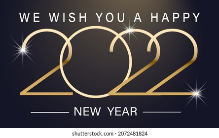 Happy New Year 2022, elegant text with golden backlight, golden balls, a star and snowflakes. Minimalistic text template. New Year's poster.EPS 10.