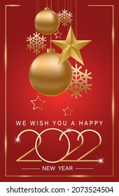 Happy New Year 2022. Elegant gold illuminated text. Minimalistic text template. New Year's poster.EPS 10.