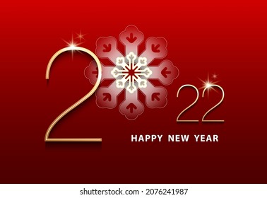 Happy New Year 2022. Elegant design gold numbers and snowflake, isolated white text. Red background. Stars shiny. Futuristic Design 2022, New Logo. Elements for calendar and greeting card, poster
