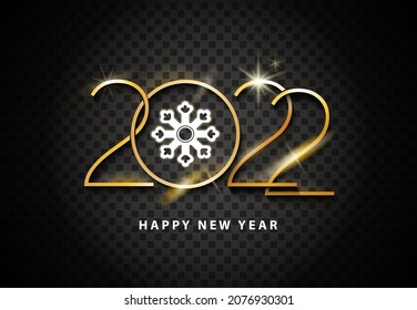 Happy new year 2022. Elegant design of golden numbers and snowflake, isolated gold text. Black squares background. The stars are shining. 2022 logo. Elements for calendar and greeting cards, posters