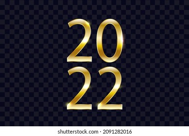 Happy New Year 2022. Elegant luxury 3D design on black transparent background. Golden glittering numbers 2022. winter holiday greeting card. Vector illustration.