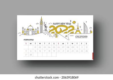 Happy new year 2022 February Calendar - New Year Holiday design elements for holiday cards, calendar banner poster for decorations, Vector Illustration Background.