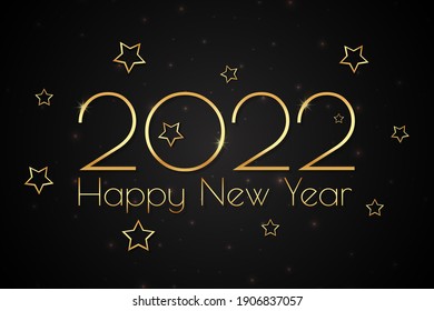 Happy New Year 2022. Festive background design with text, numbers and gold stars, serpentine and glare.	