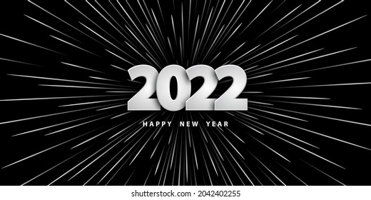 Happy new year 2022. Festive black background with silver numbers and motion rays of light. Holiday banner. Speed light ray. Background in realistic style. Vector illustration 3D. Design wallpaper.