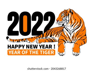 Happy New Year 2022 festive design with graphic tiger lying beside of year digits. Isolated on white background. Creative emblem of New 2022 Year for any celebration designs. Vector illustration.