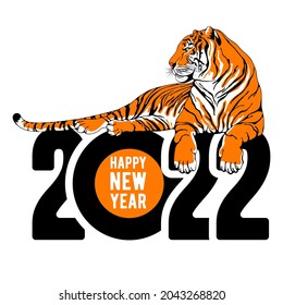 Happy New Year 2022 festive design with graphic tiger lying on year digits. Isolated on white background. Creative emblem of New 2022 Year for any celebration designs. Vector illustration.