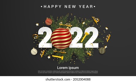 Happy New Year 2022. festive realistic decoration. Celebrate party 2022 on black background