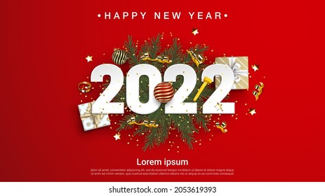 Happy New Year 2022. festive realistic decoration. Celebrate party 2022 on red background